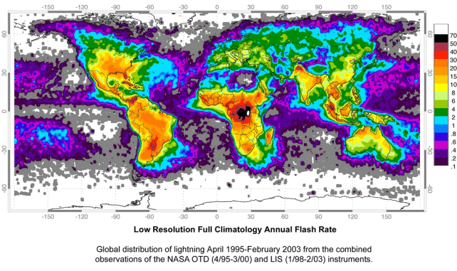 NASA Weltkarte – Wo gibt es die meisten Gewitter und Blitze in Südamerika und auf der Welt?